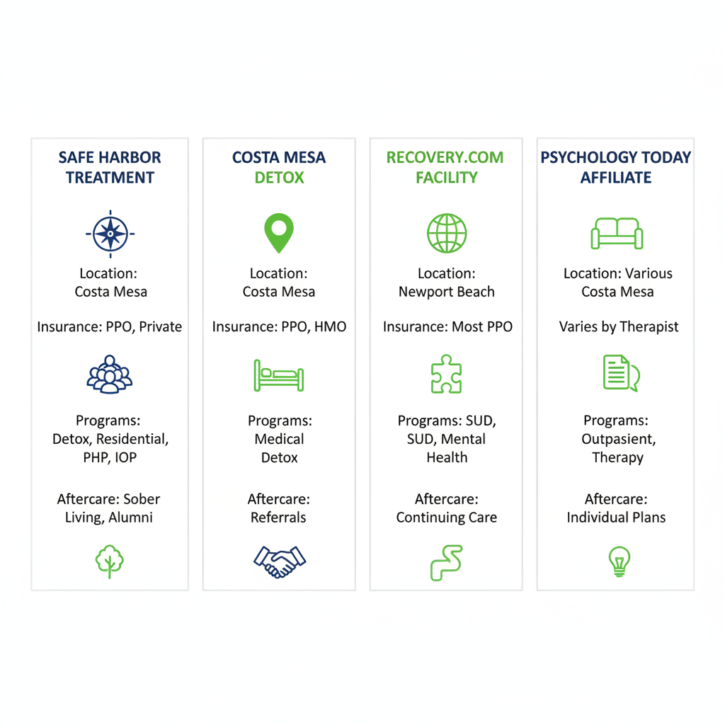 Infographic comparing key features of top rehab centers serving Costa Mesa area