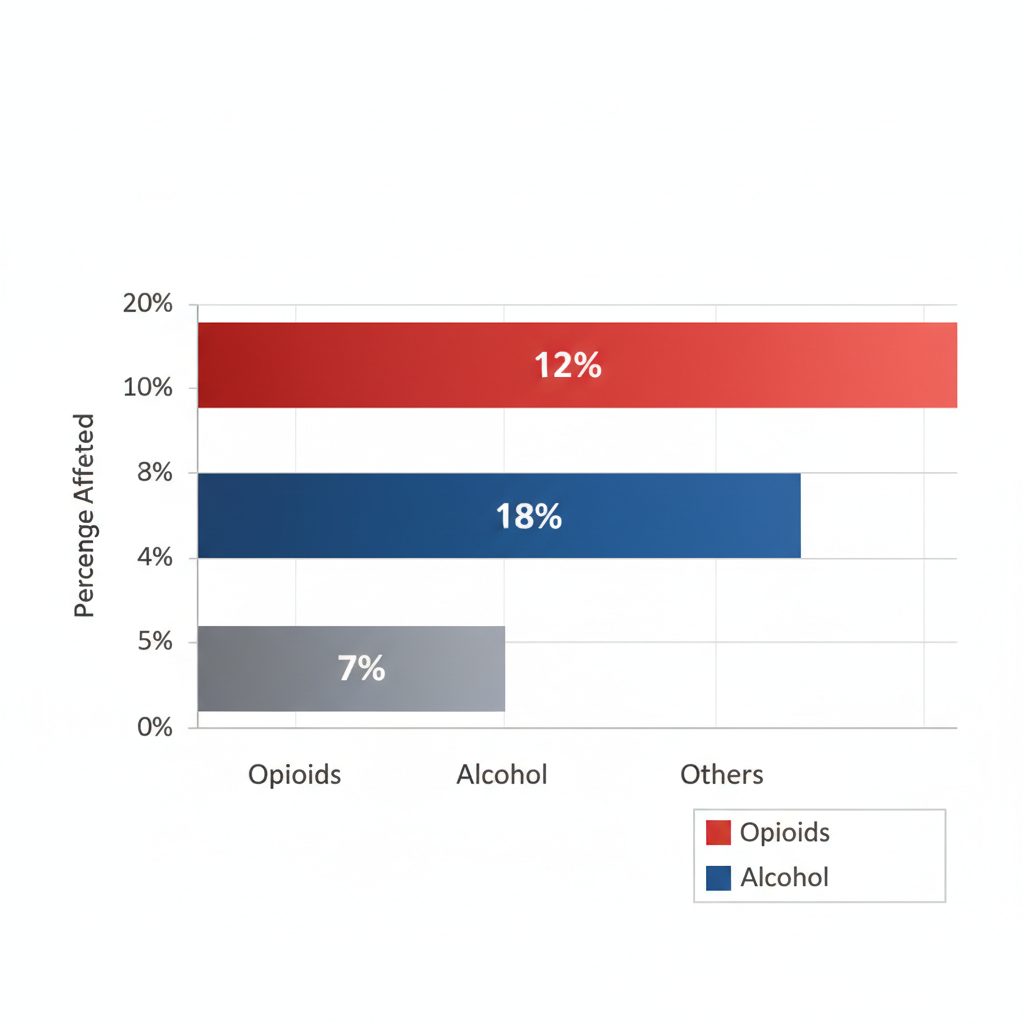 Horizontal bar chart comparing addiction prevalence percentages for opioids, alcohol, and other substances in the Costa Mesa area.