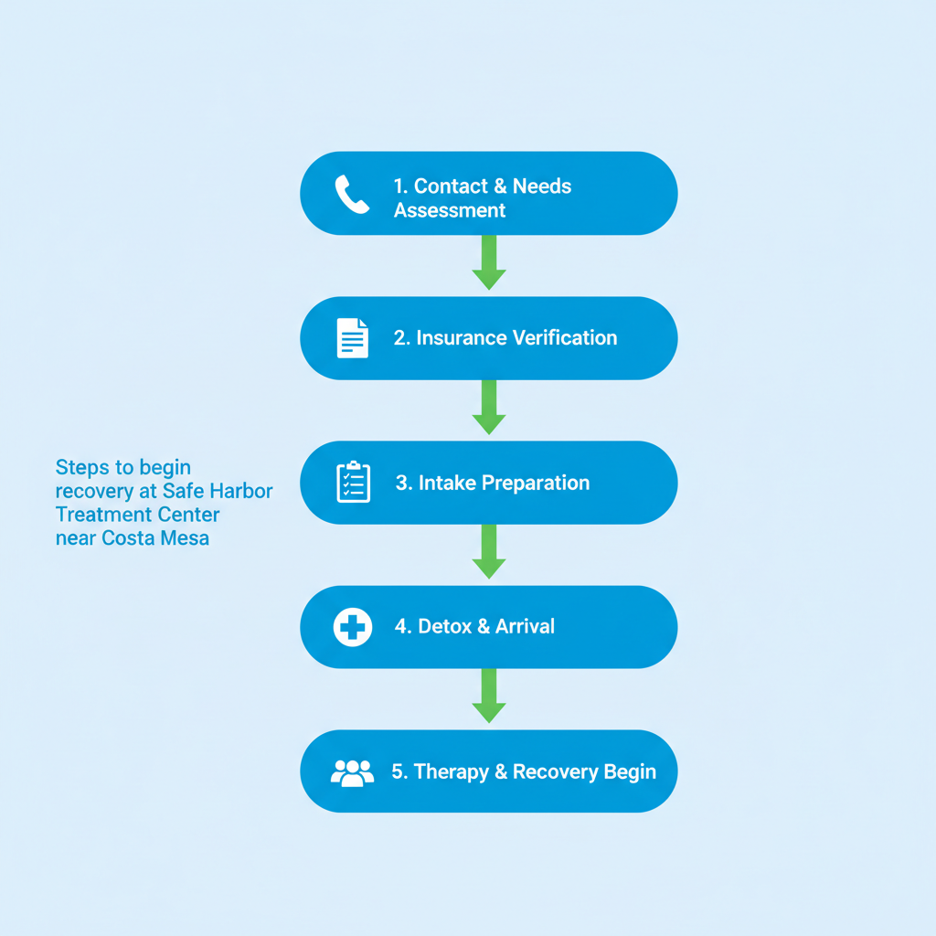 Vertical process flow diagram illustrating five key steps to begin addiction recovery: contact for assessment, verify insurance, prepare intake documents, arrive for detox, and begin therapy sessions.