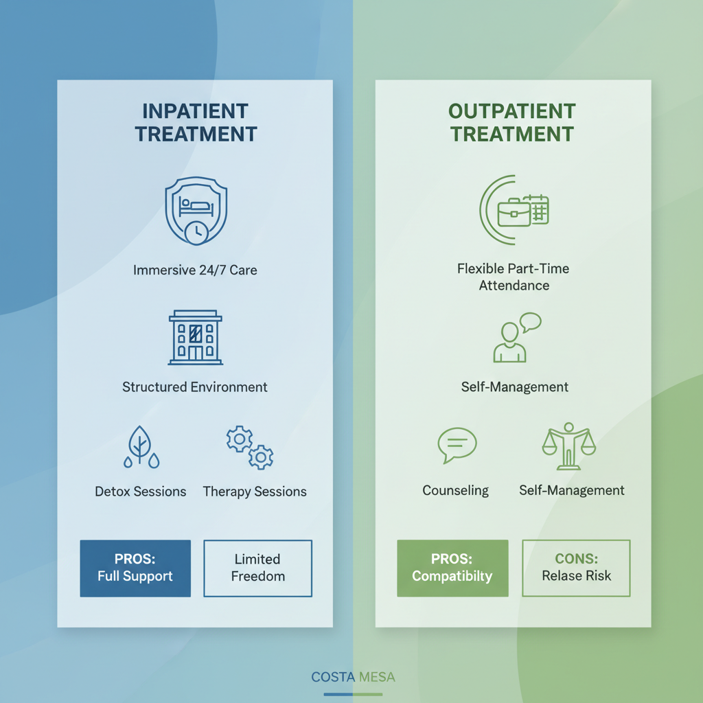 Infographic comparing inpatient and outpatient addiction treatment options in Costa Mesa with icons and key pros and cons.