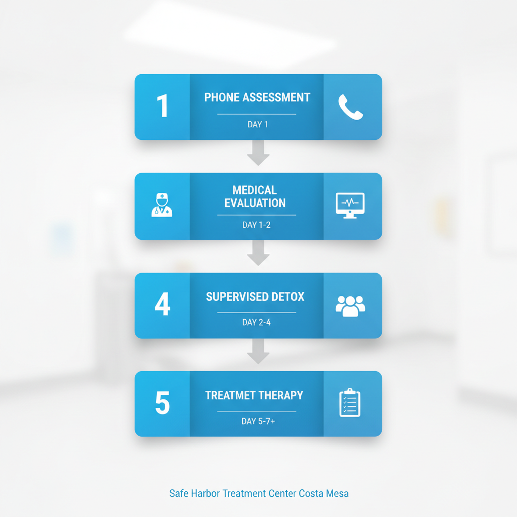 Vertical process flow diagram of the five-step detox and intake process for addiction treatment.