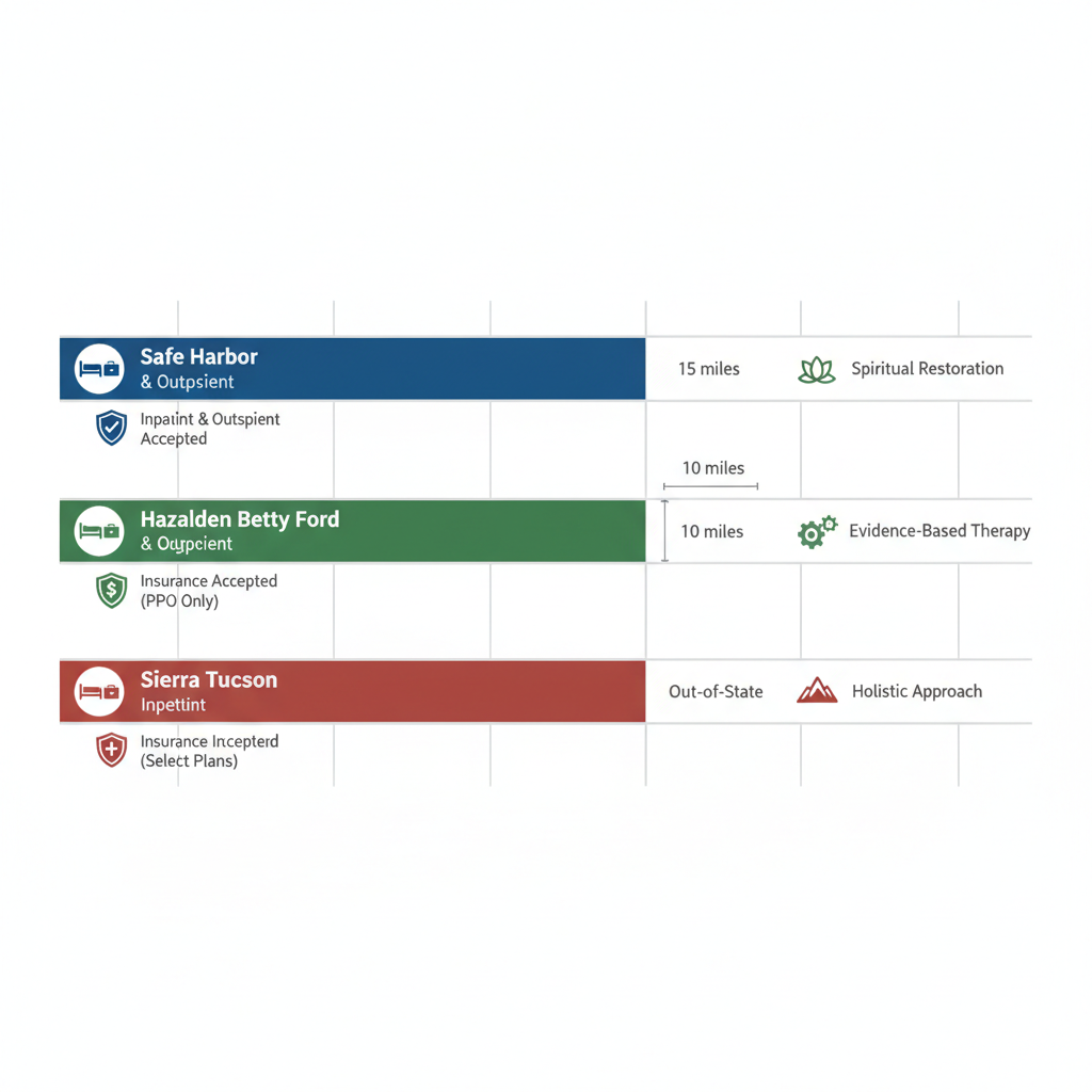 Comparison infographic of rehab centers near Santa Ana showing distances, program types, and insurance acceptance with unique features.