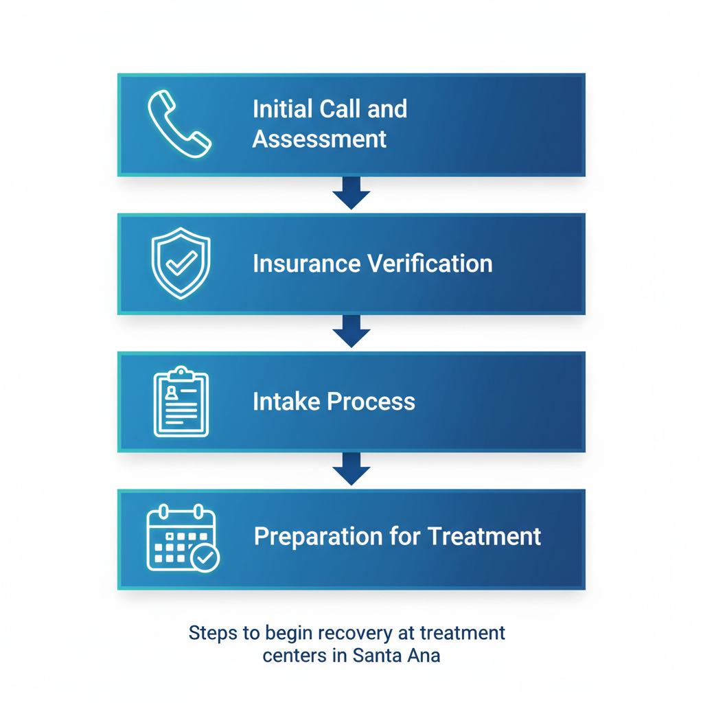 Vertical process flow diagram illustrating four key steps to start addiction recovery in Santa Ana: initial assessment call, insurance verification, intake process, and treatment preparation with relevant icons.