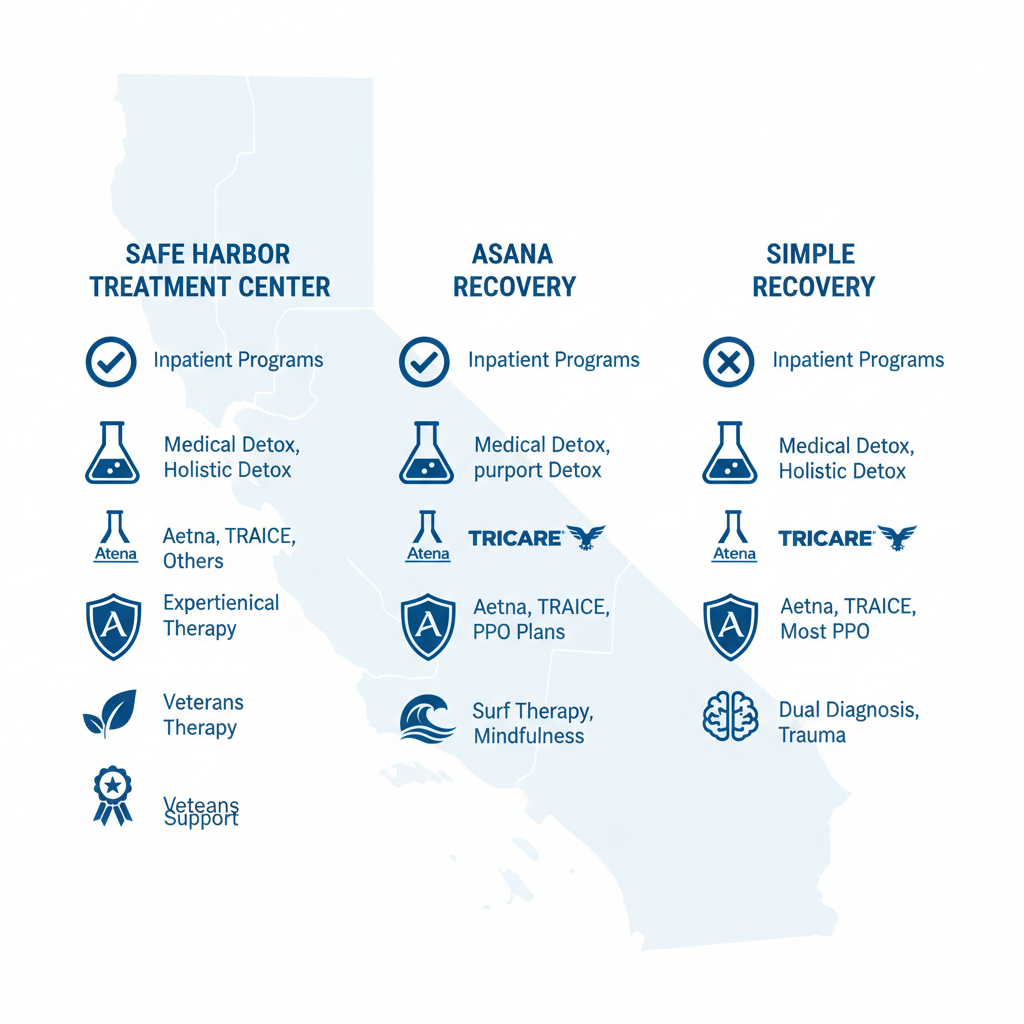 Infographic comparing top drug rehab centers in Costa Mesa area with services, insurance, and specialties