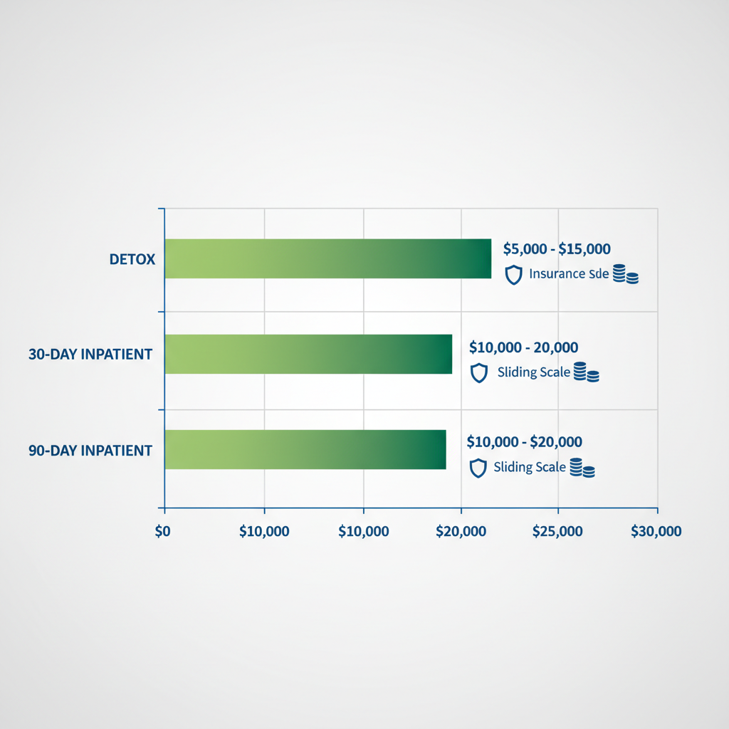 Horizontal bar chart depicting cost ranges for detox, 30-day inpatient, and 90-day inpatient addiction treatment in Costa Mesa and Orange County, including insurance and sliding scale icons.