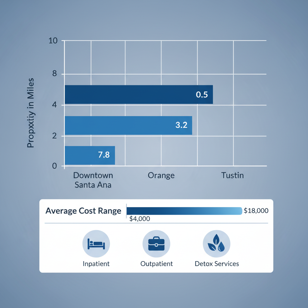 Horizontal bar chart comparing Santa Ana rehab neighborhoods by proximity to Safe Harbor, costs, and services