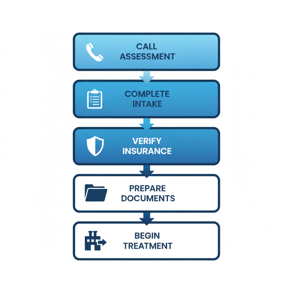 Vertical process flow diagram outlining five steps to start rehab in Santa Ana with icons and downward arrows