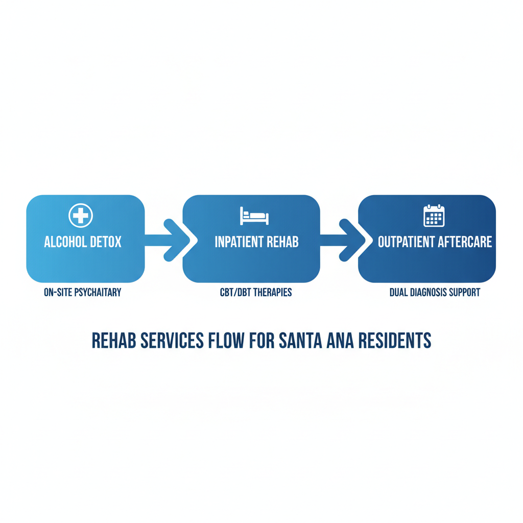 Horizontal process flow diagram of rehab services for Santa Ana residents with three stages: alcohol detox, inpatient rehab, and outpatient aftercare.