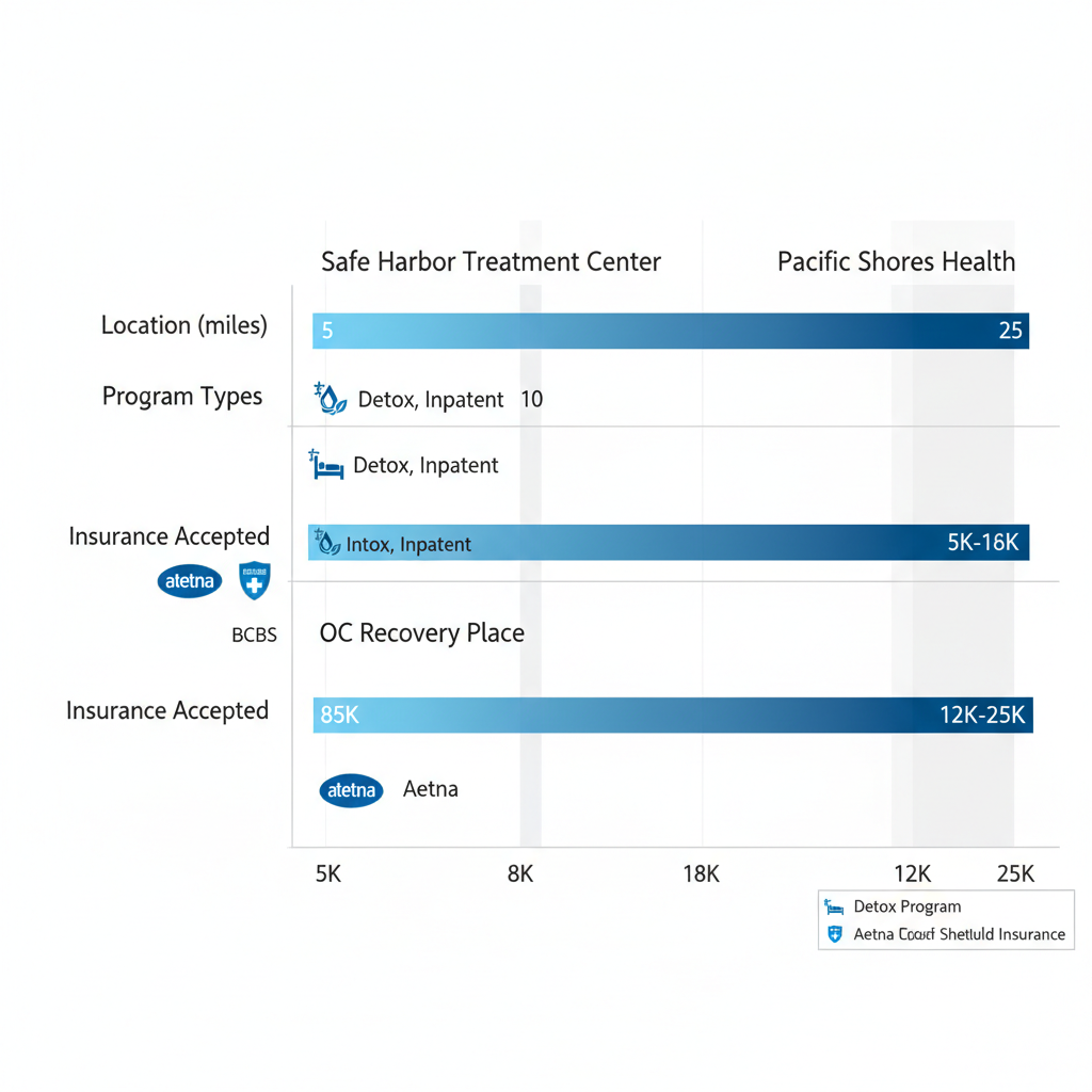 Horizontal bar chart comparing features of drug rehab centers near Santa Ana, including location, programs, insurance, and costs