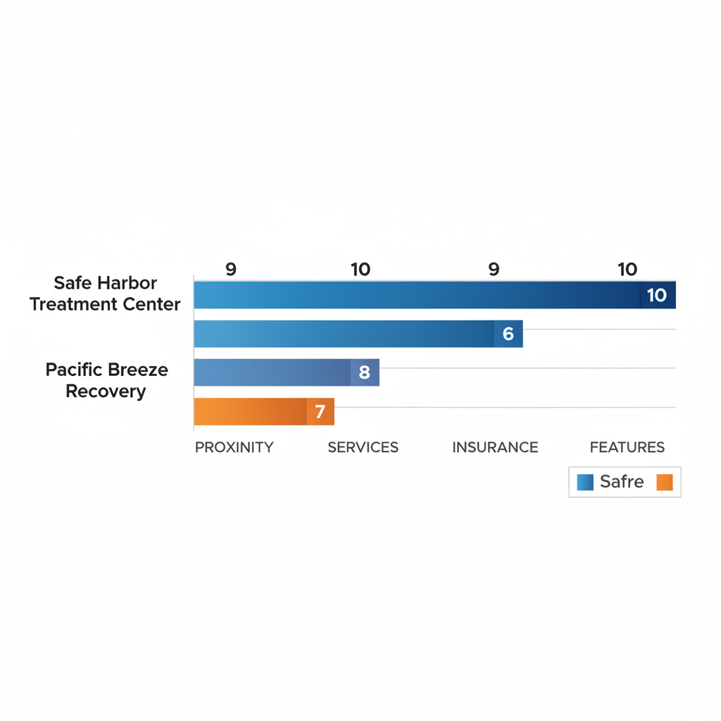 Horizontal bar chart comparing Safe Harbor Treatment Center and Pacific Breeze Recovery on proximity, services, insurance, and features ratings.