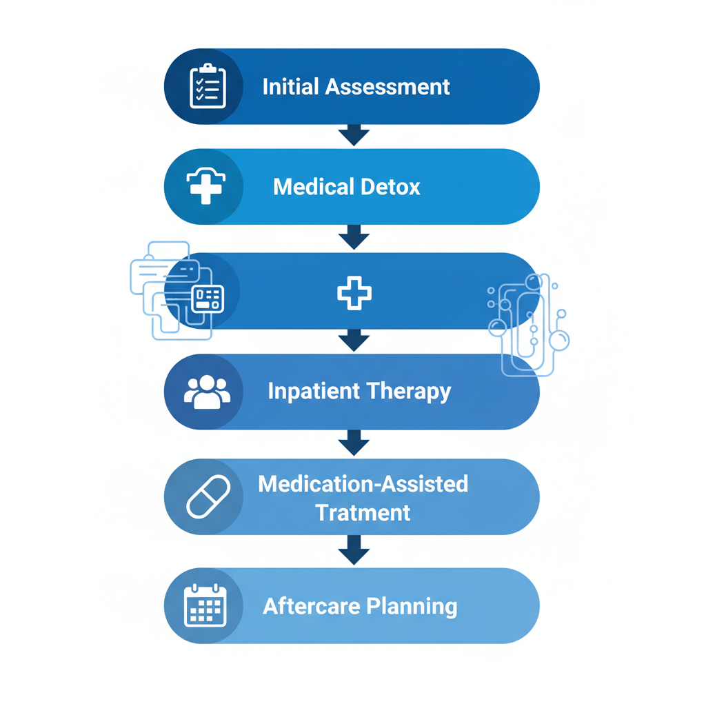 Vertical process flow diagram of five stages in Huntington Beach drug rehab recovery pathway