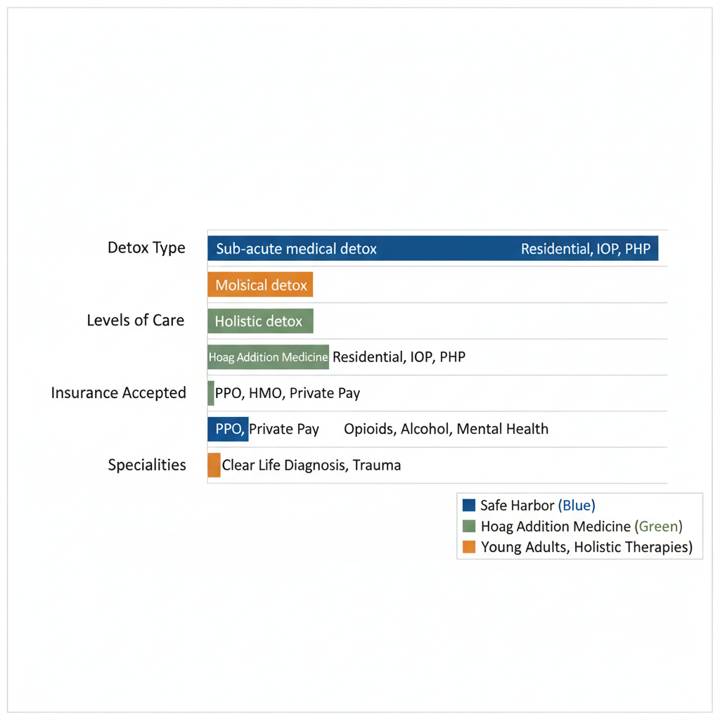 Horizontal bar chart comparing features of Safe Harbor, Hoag Addiction Medicine, and Clear Life Recovery detox providers including detox type, levels of care, insurance accepted, and specialties.