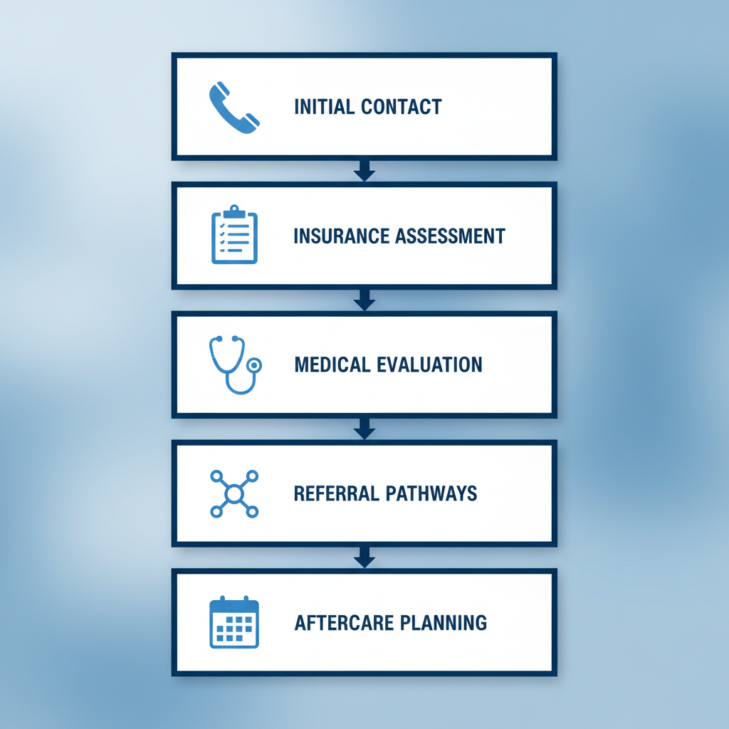 Vertical process flow illustrating five steps to start recovery at Safe Harbor Treatment Center in Newport Beach