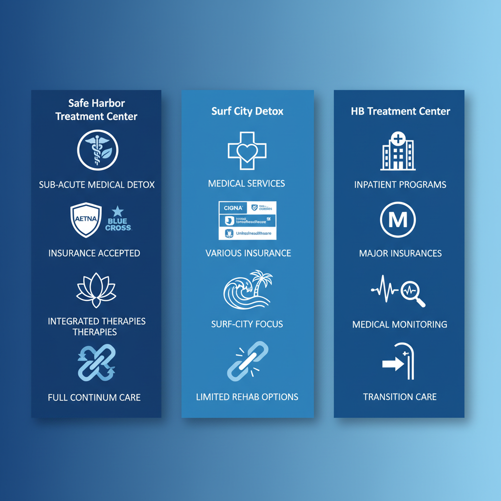 Infographic comparing addiction detox providers in Huntington Beach, featuring Safe Harbor, Surf City Detox, and HB Treatment Center with service icons and insurance details.