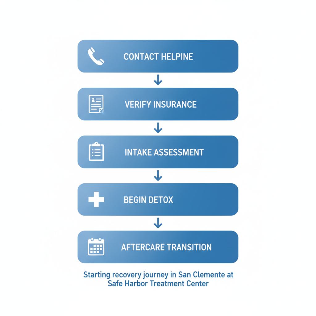 Vertical process flow diagram illustrating five steps to start recovery: contact helpline, verify insurance, intake assessment, medical detox, and aftercare transition with icons.