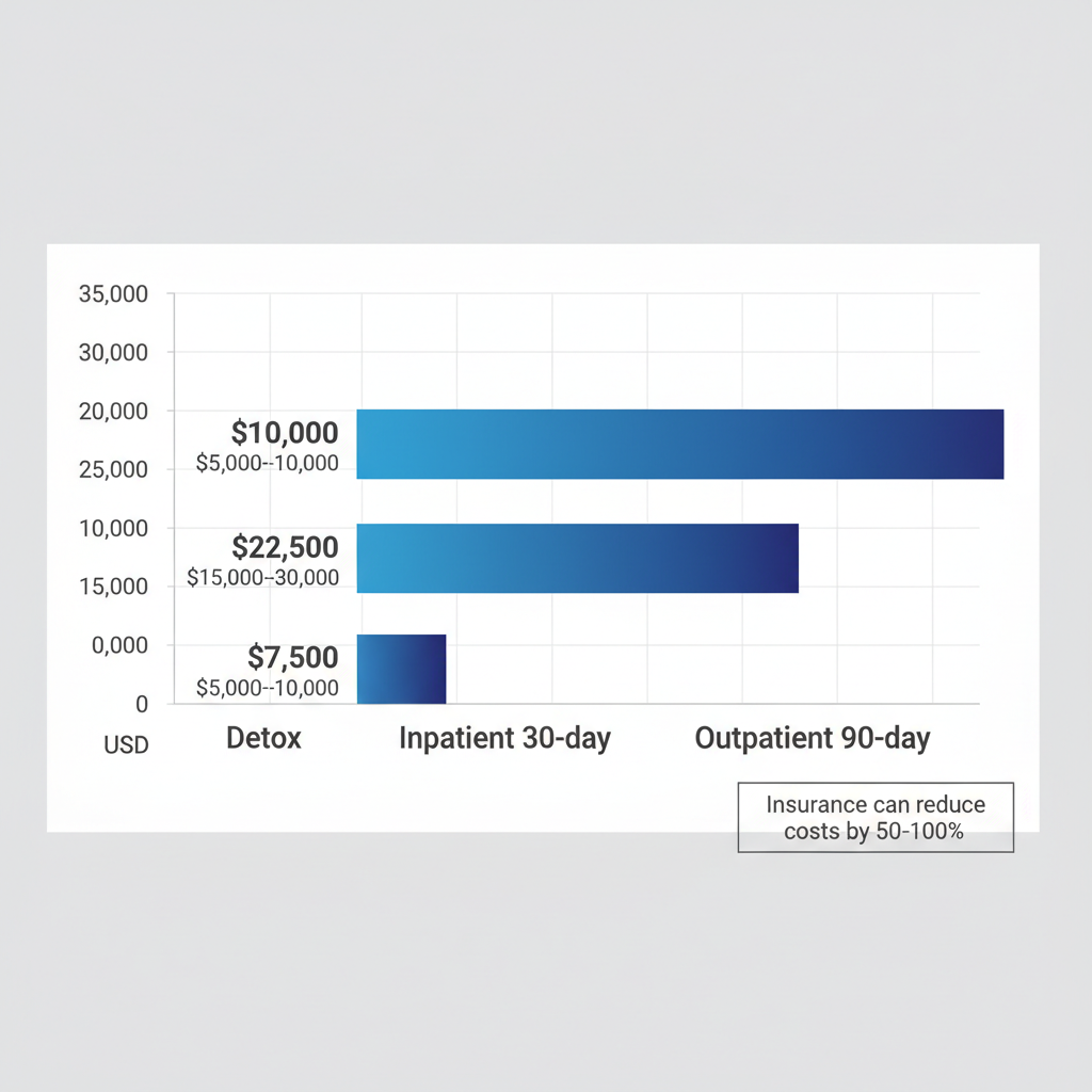 Horizontal bar chart showing average costs for detox, inpatient, and outpatient rehab in Laguna Beach without insurance, with ranges and insurance reduction note.