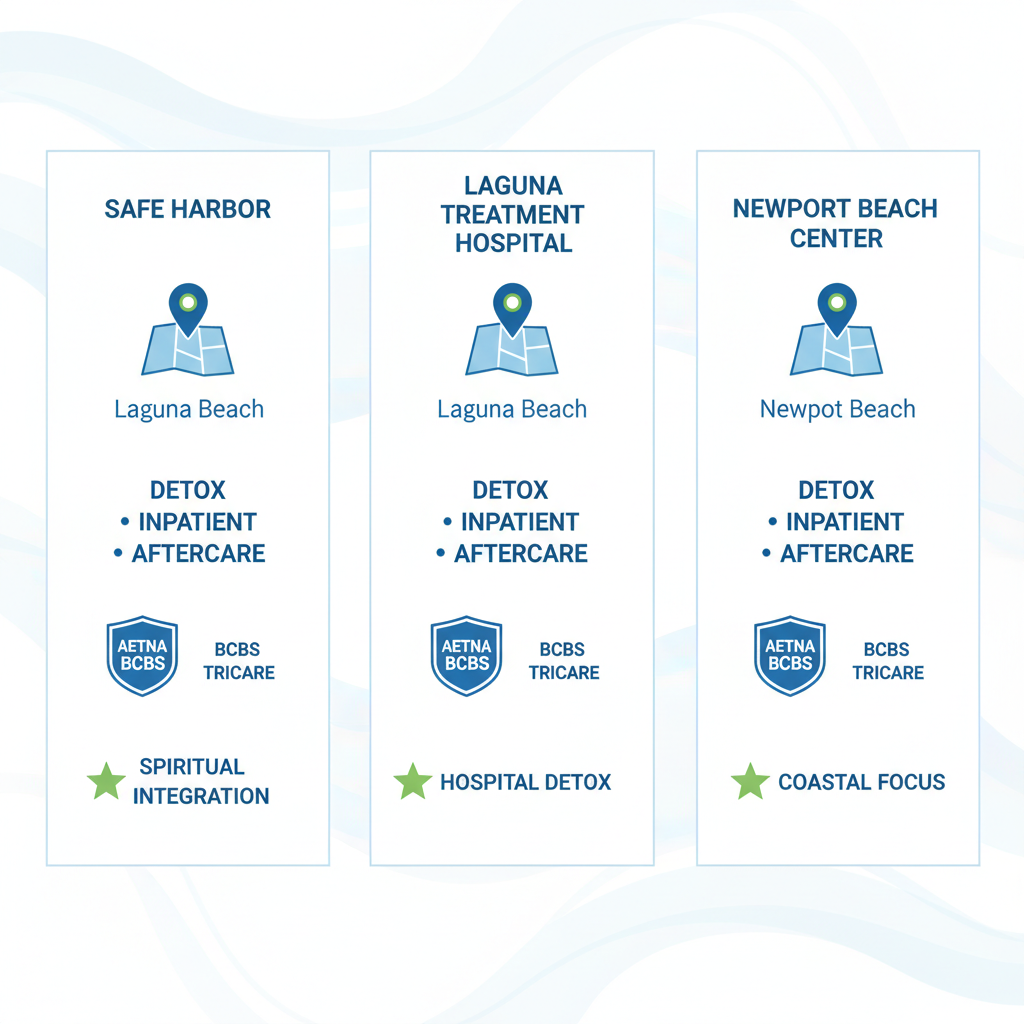 Infographic comparison of three addiction treatment facilities near Laguna Beach showing proximity, services, insurance, and unique features