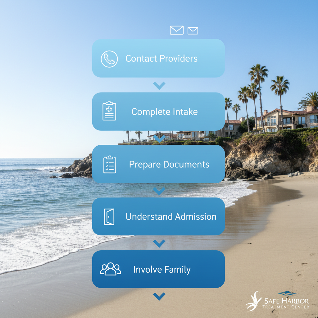 Vertical process flow diagram showing five steps to start addiction recovery: contact, intake, prepare, admission, family support with icons.