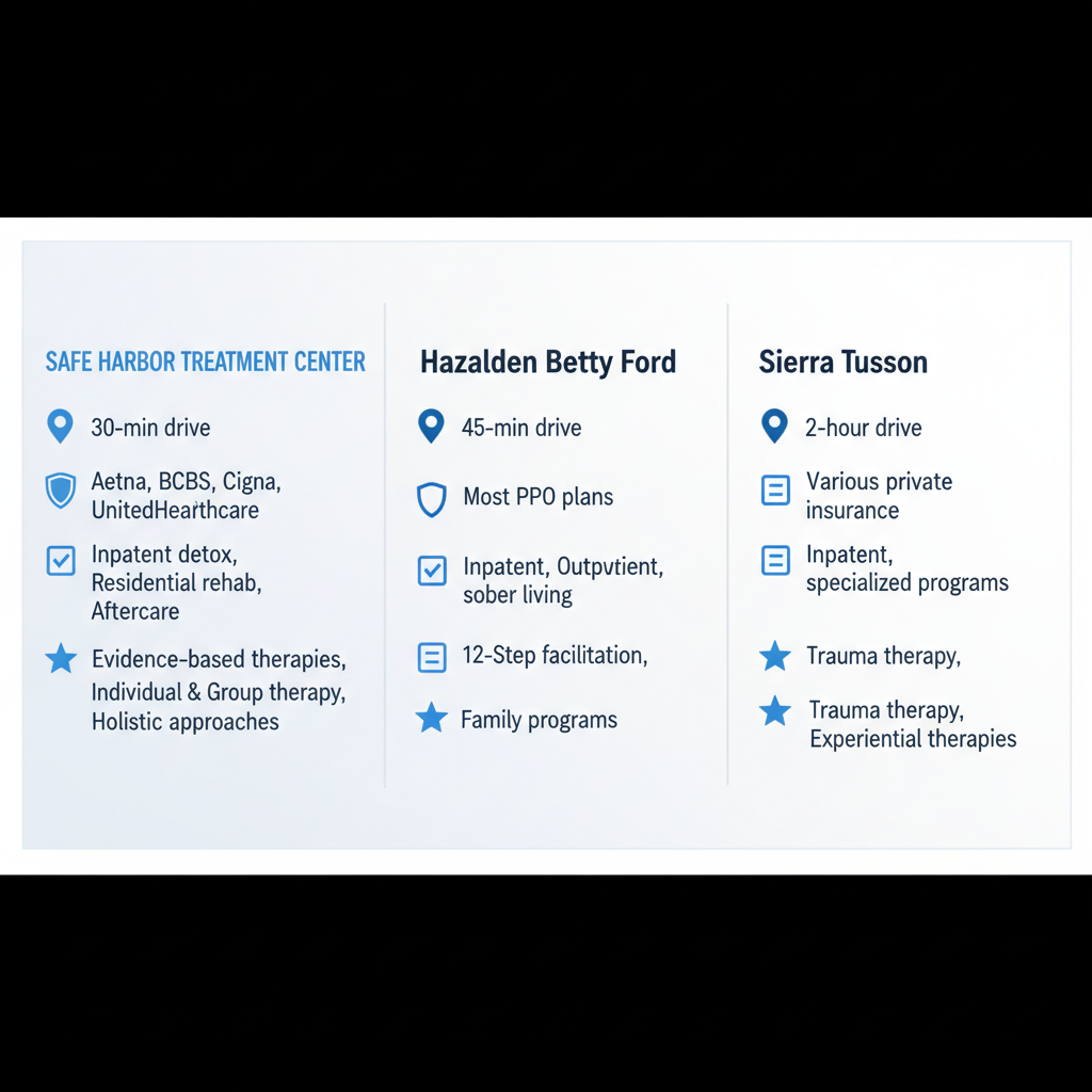Infographic comparing three rehab providers for Oceanside: Safe Harbor Treatment Center, Hazelden Betty Ford, and Sierra Tucson, showing icons for proximity, insurance, programs, and features with Safe Harbor highlighted.