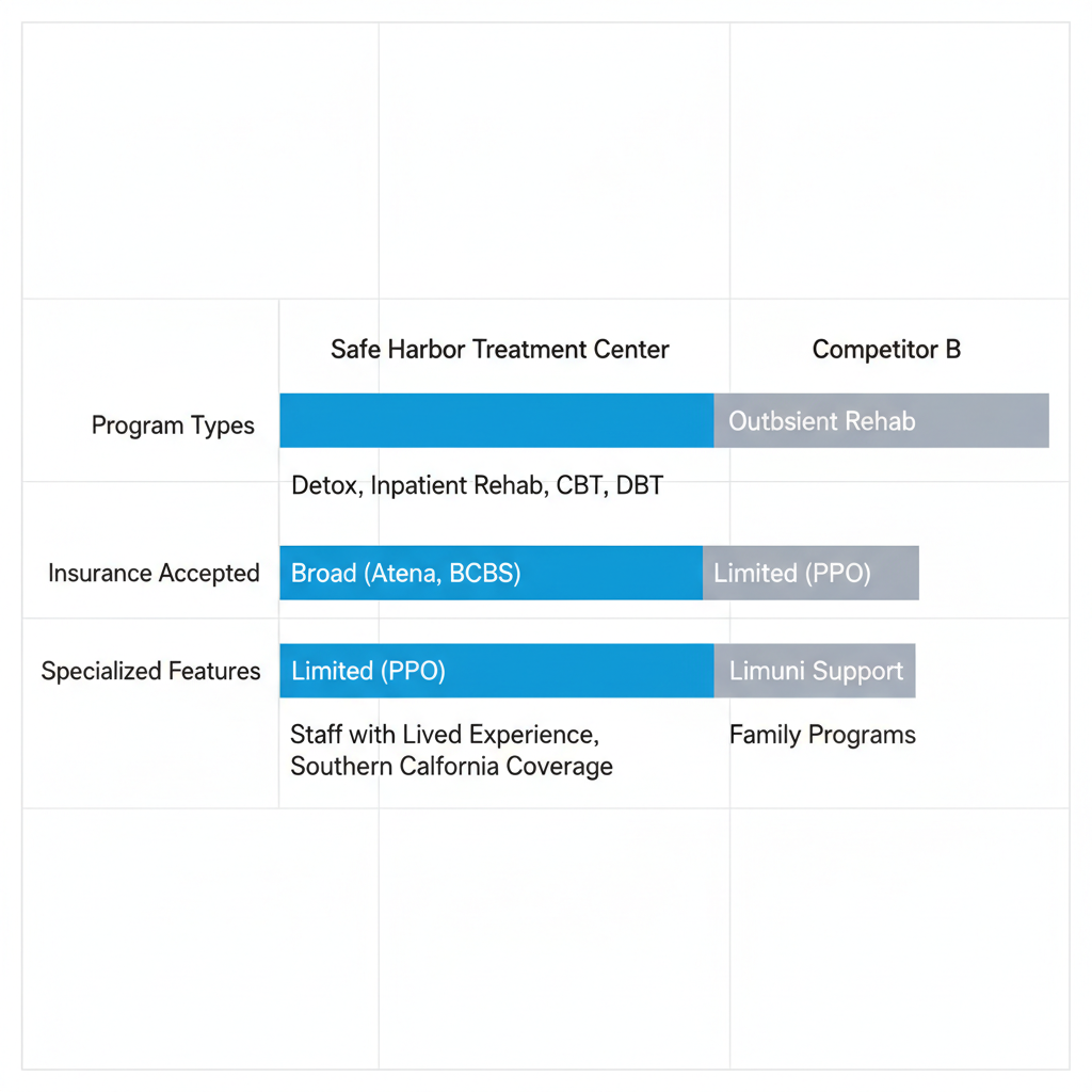Horizontal bar chart comparing addiction treatment providers in Anaheim, with Safe Harbor highlighted in blue for comprehensive services and insurance.