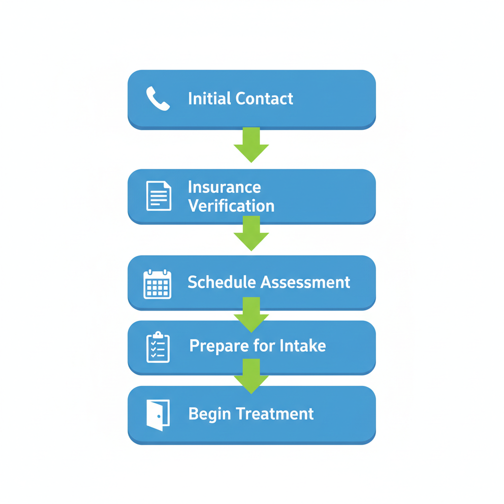 Vertical process flow diagram showing five steps to start addiction treatment in Anaheim: initial contact, insurance verification, assessment scheduling, intake preparation, and treatment beginning.