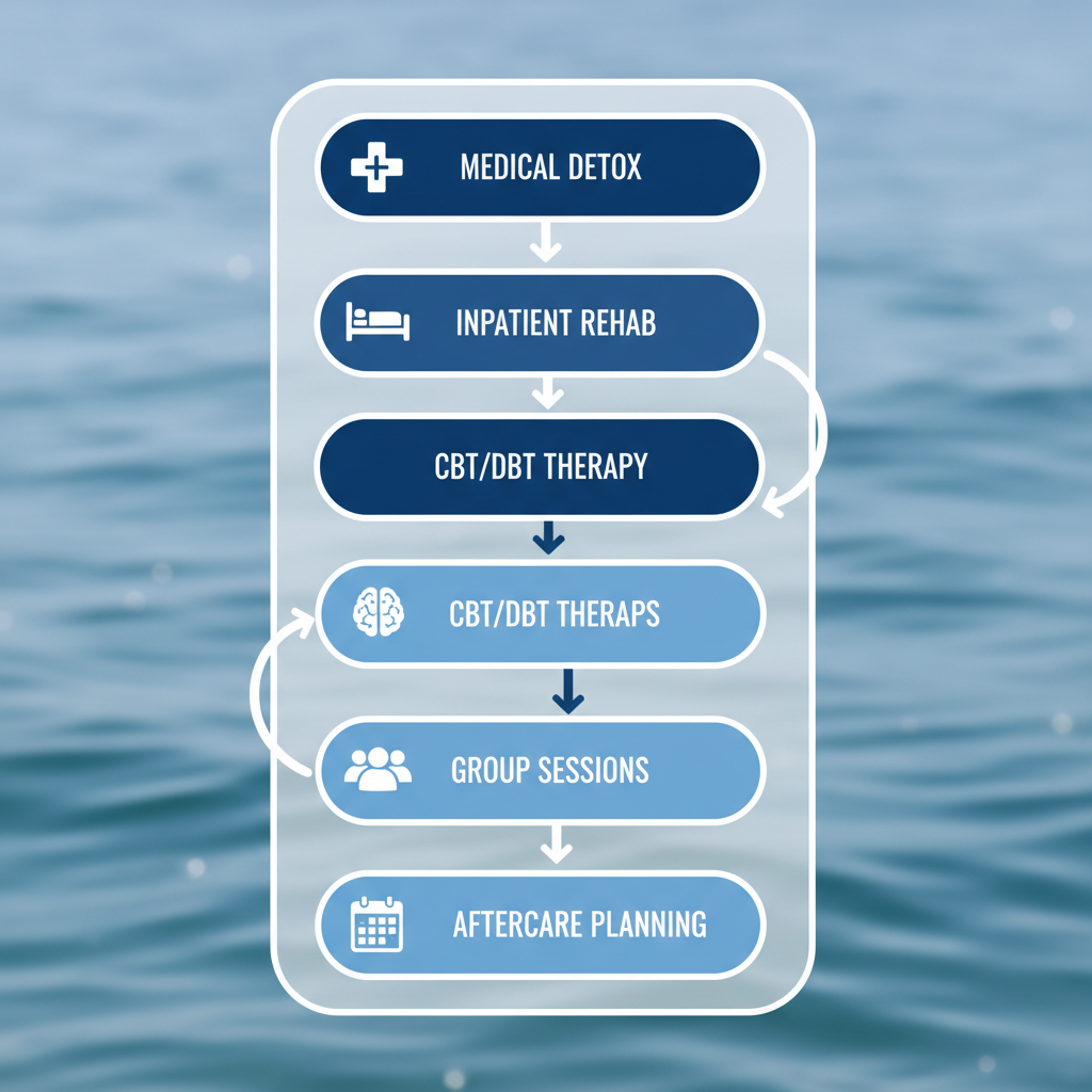 Vertical process flow diagram of five stages in addiction treatment services: detox, rehab, therapy, sessions, and aftercare, with coastal theme.
