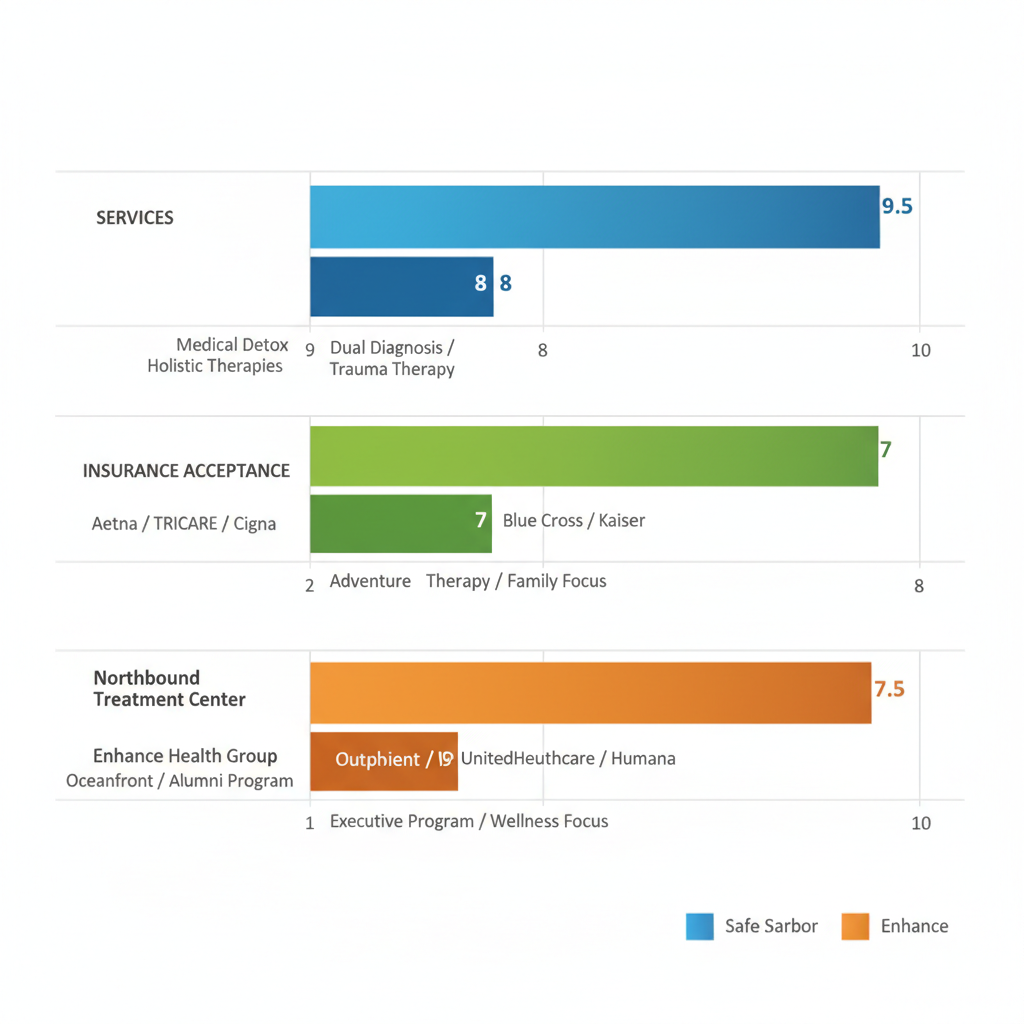 Horizontal bar chart comparing ratings for services, insurance acceptance, and unique features of three top Newport Beach addiction treatment centers.