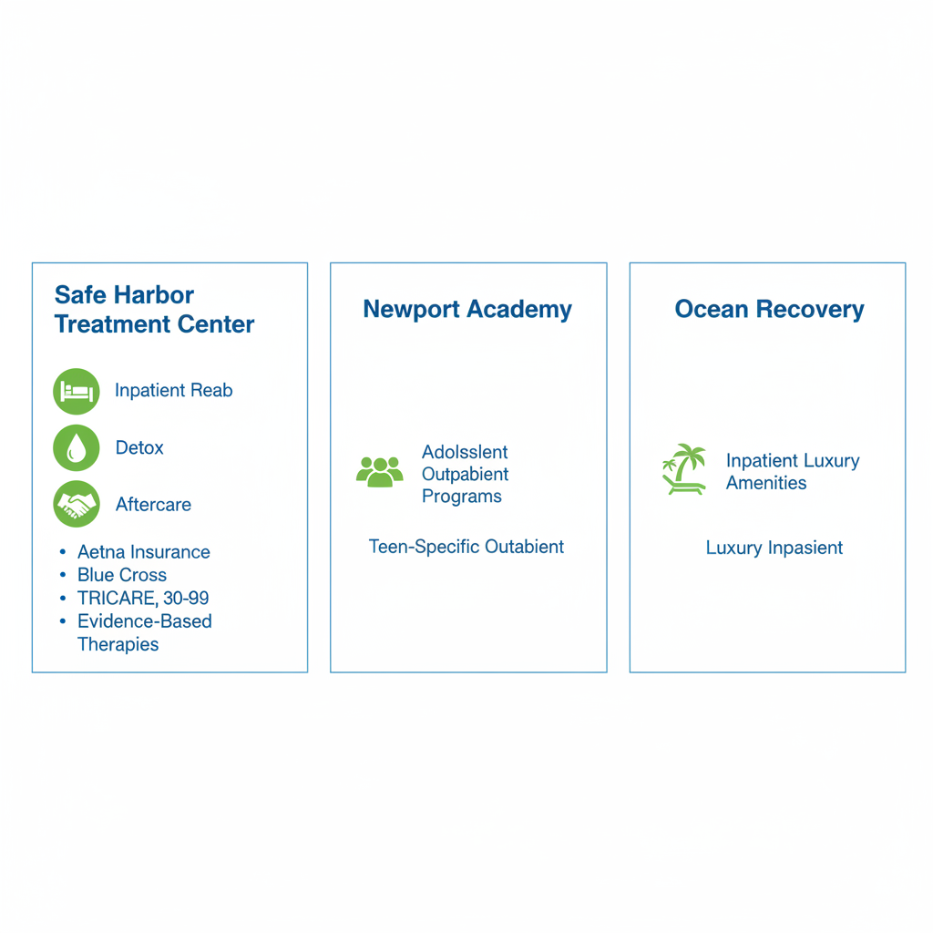Infographic comparing Safe Harbor Treatment Center, Newport Academy, and Ocean Recovery rehab services in Newport Beach.