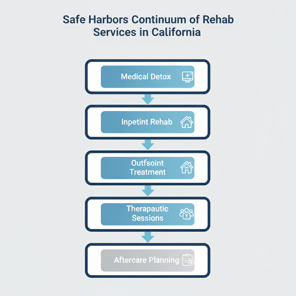 Vertical process flow diagram showing five stages of rehab services from detox to aftercare in Newport Beach.