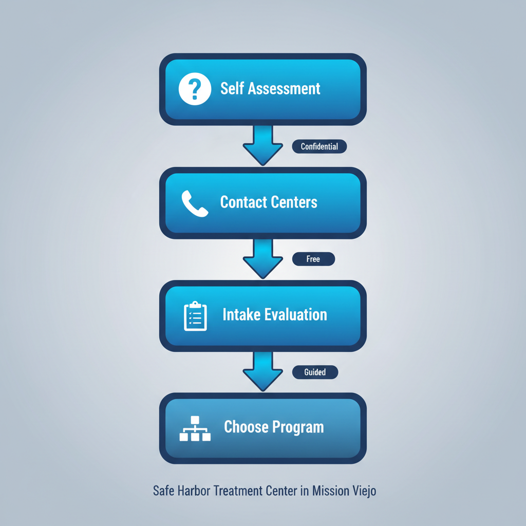 Vertical process flow diagram illustrating four key steps to initiate addiction recovery: self-assessment, contacting the center, intake evaluation, and choosing a program with icons and connecting arrows.