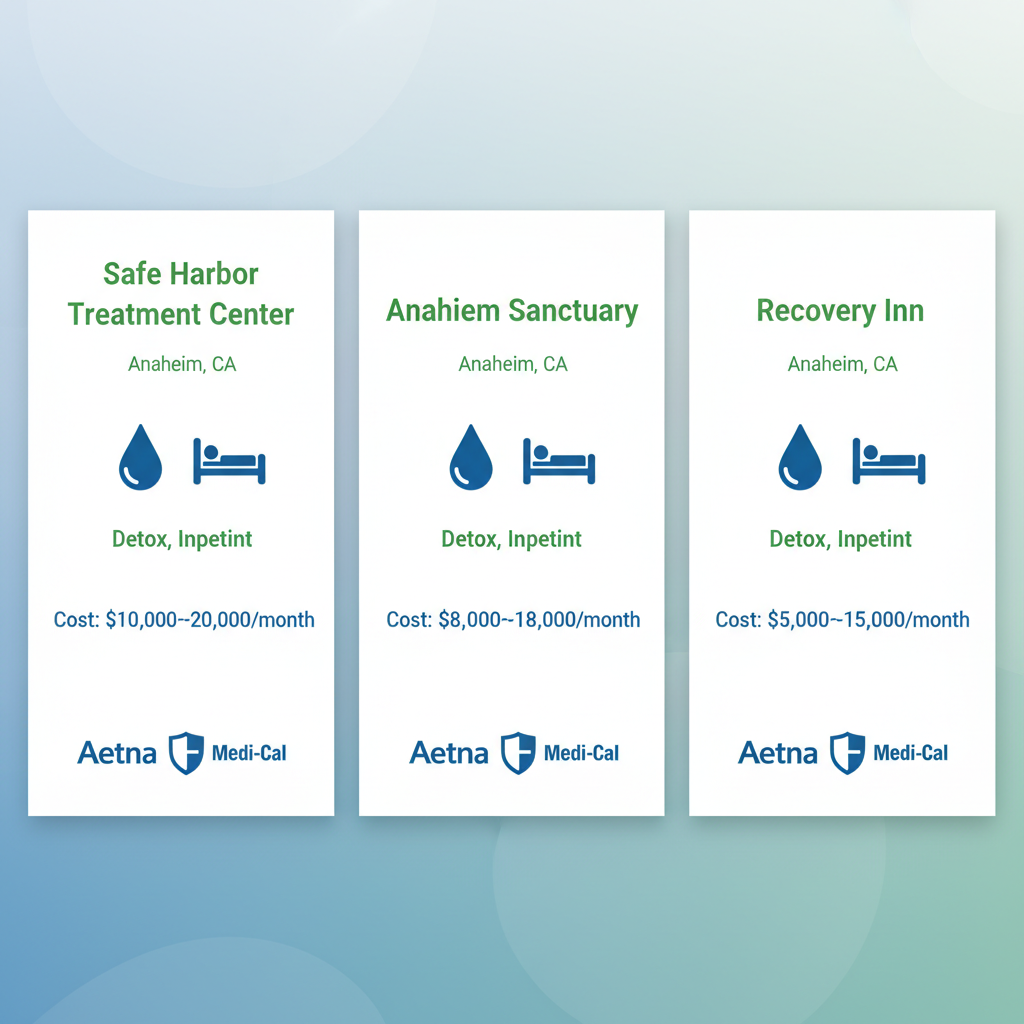 Infographic comparing Safe Harbor Treatment Center, Anaheim Sanctuary, and Recovery Inn with services, costs, and insurance details.