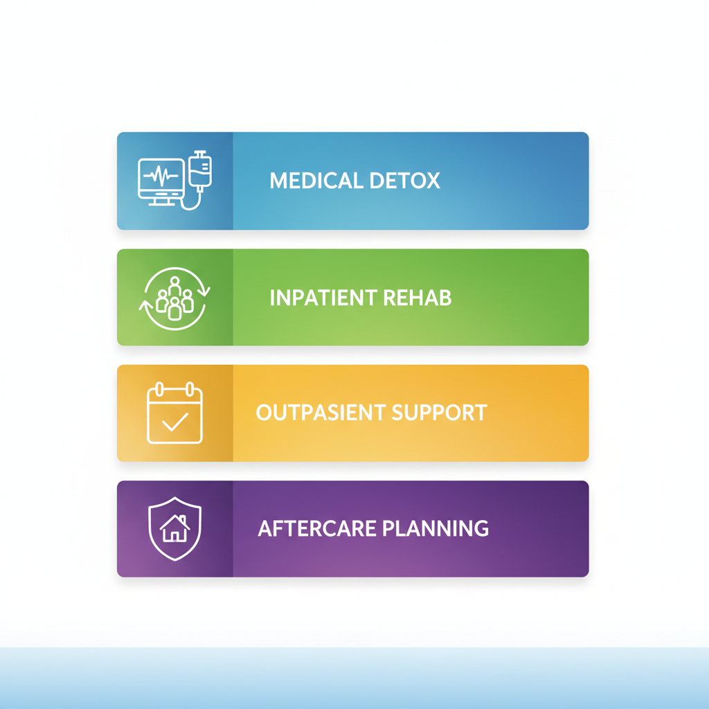 Vertical process flow diagram illustrating four key stages of rehab services in San Clemente: detox, inpatient rehab, outpatient support, and aftercare planning.
