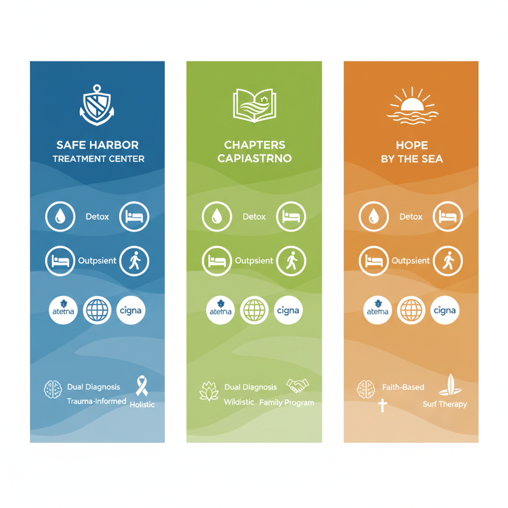 Infographic comparing rehab centers near San Clemente: Safe Harbor, Chapters Capistrano, and Hope by the Sea, highlighting care levels, insurance, and specialties.