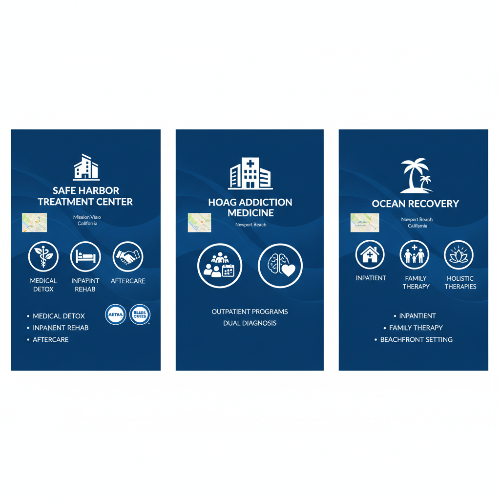 Infographic comparing three addiction treatment centers near Newport Beach: Safe Harbor, Hoag Addiction Medicine, and Ocean Recovery, showing services, icons, and locations.