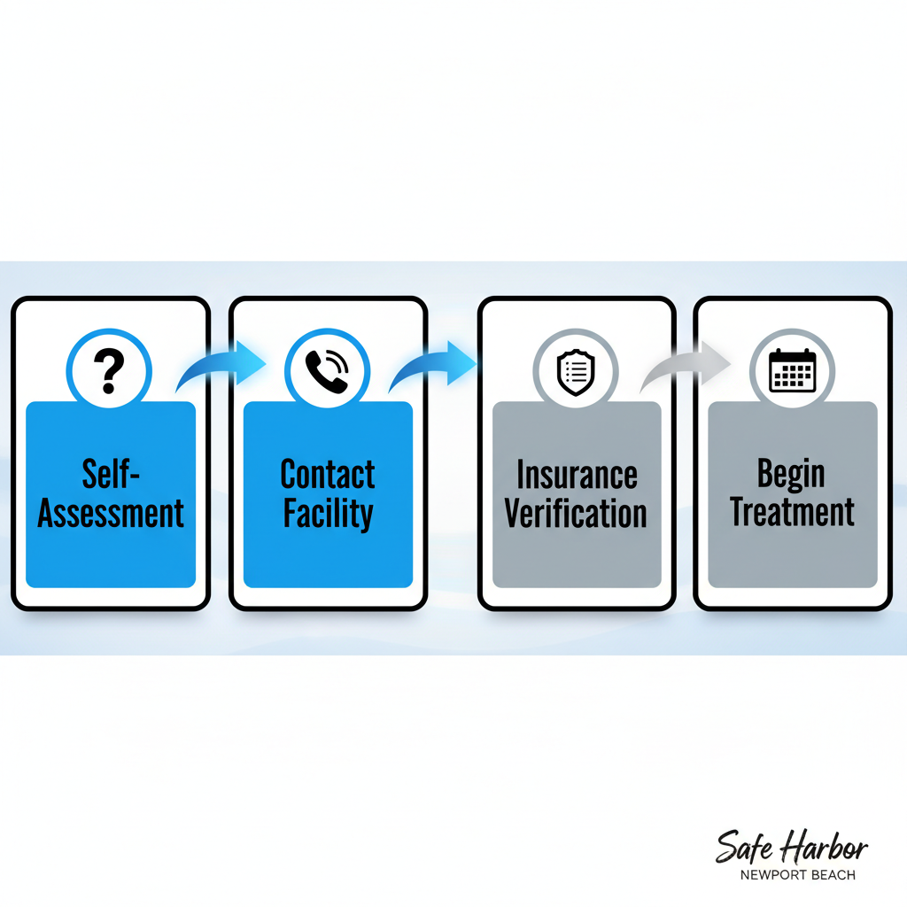 Horizontal process flow diagram illustrating five steps to start substance abuse treatment: self-assessment, contacting facility, insurance verification, intake evaluation, and beginning treatment with relevant icons and arrows.