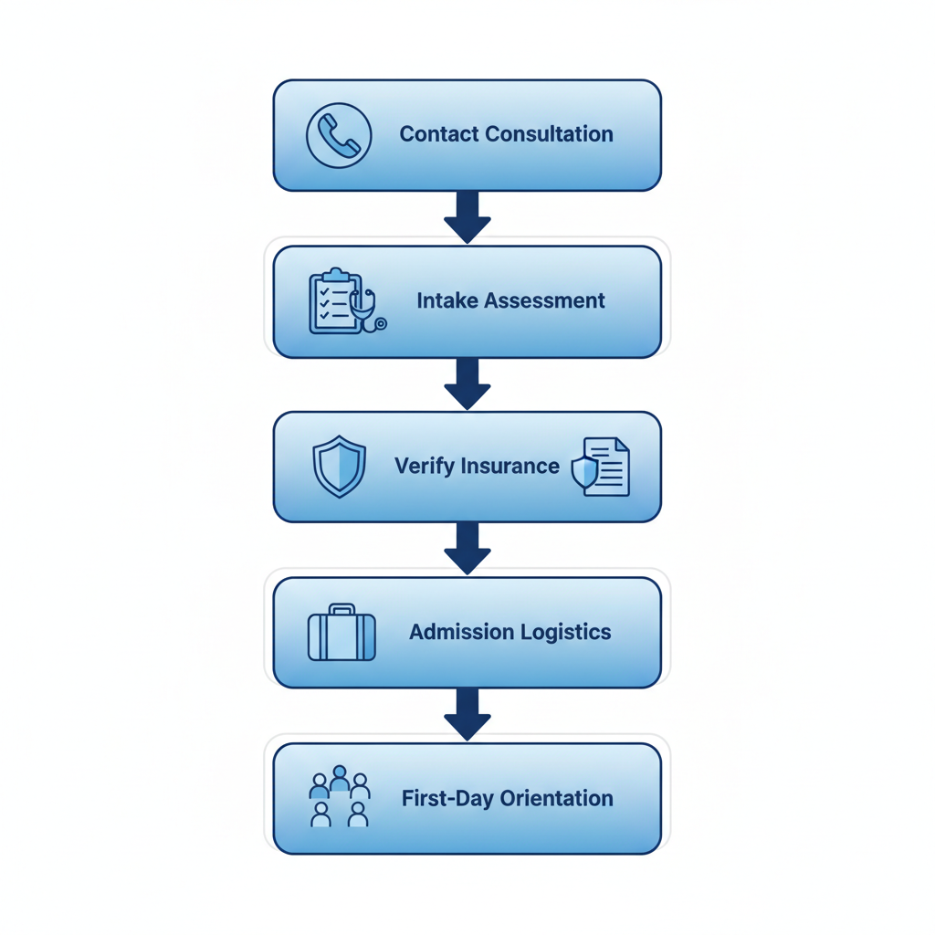 Vertical process flow illustrating five steps to start rehab at Safe Harbor Treatment Center in Mission Viejo, including contact, assessment, insurance verification, admission, and orientation.