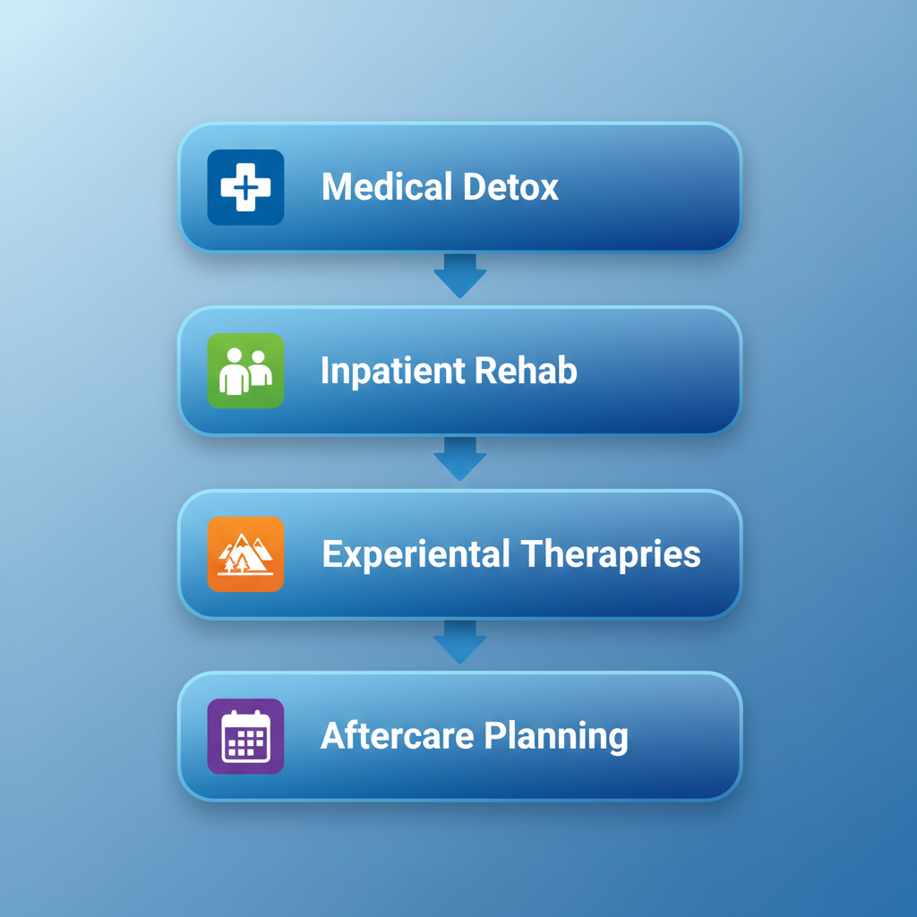 Vertical process flow diagram illustrating the four stages of addiction treatment continuum at Safe Harbor Treatment Center