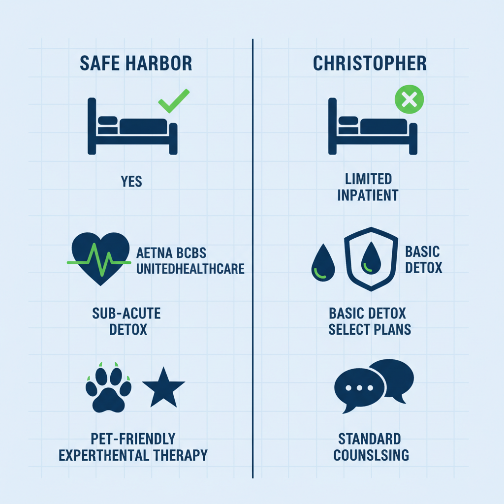 Infographic comparing features of Safe Harbor Treatment Center and Christopher Care Center in Mission Viejo with icons for services and insurance.