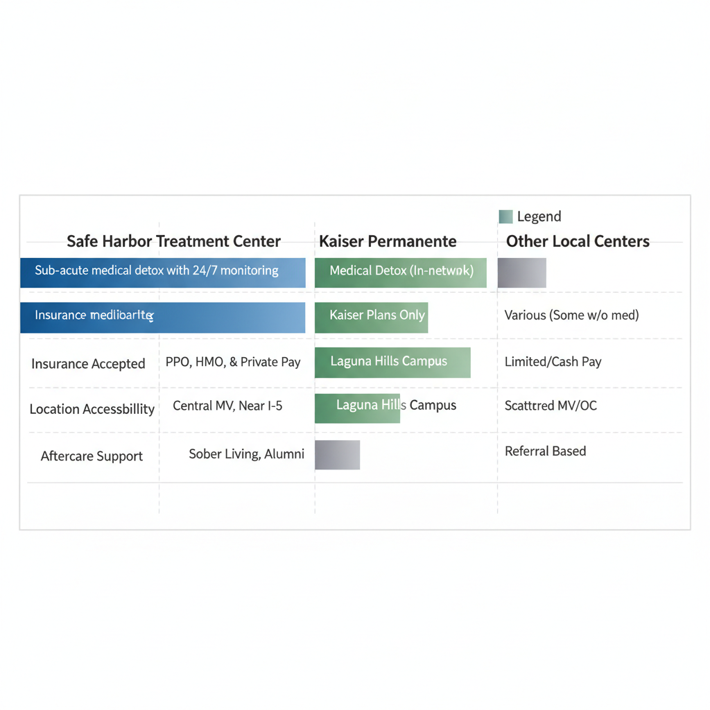 Horizontal bar chart comparing key features of detox providers in Mission Viejo: Safe Harbor, Kaiser Permanente, and others, highlighting advantages in detox type, insurance, accessibility, and aftercare.
