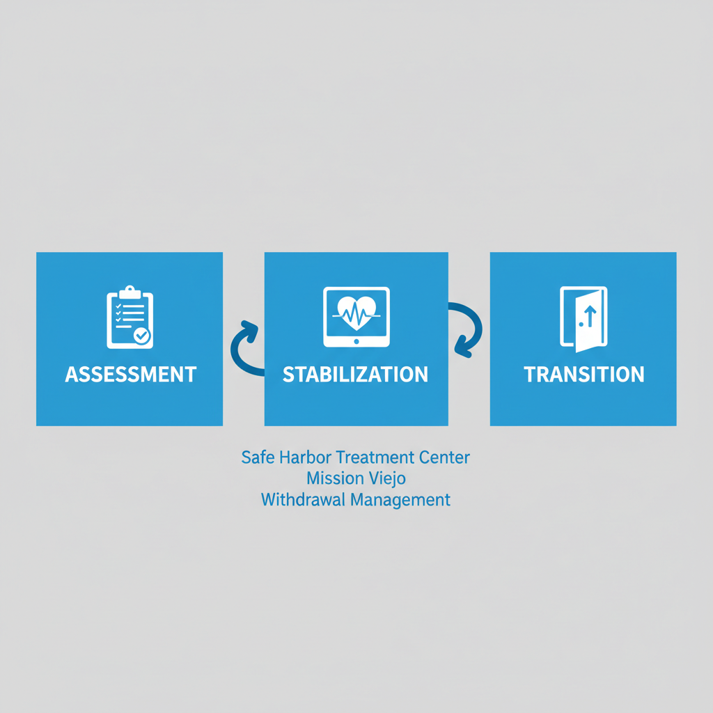 Horizontal process flow diagram of medical detox steps: assessment, stabilization, and transition at Safe Harbor Treatment Center.