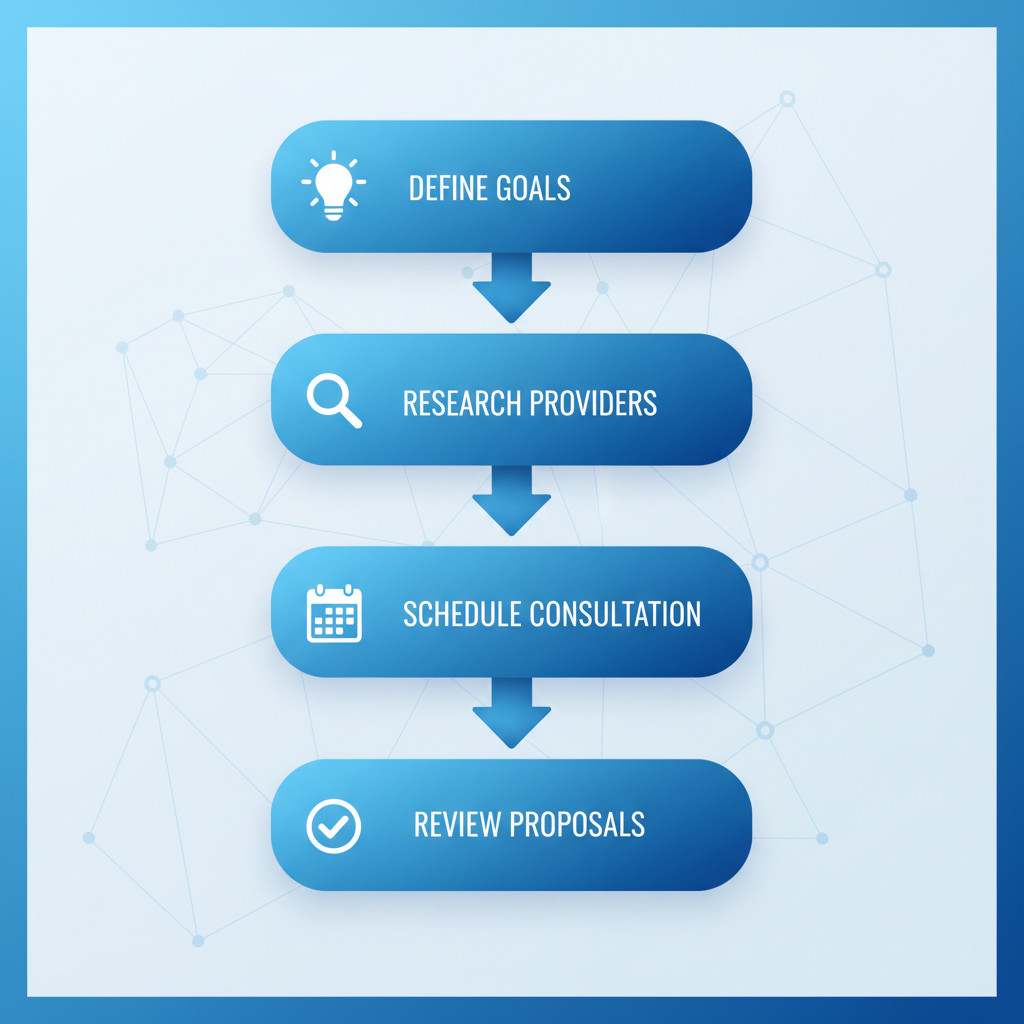 Vertical process flow diagram illustrating five steps to begin a web design project in Madison, Alabama, with icons and minimal labels.