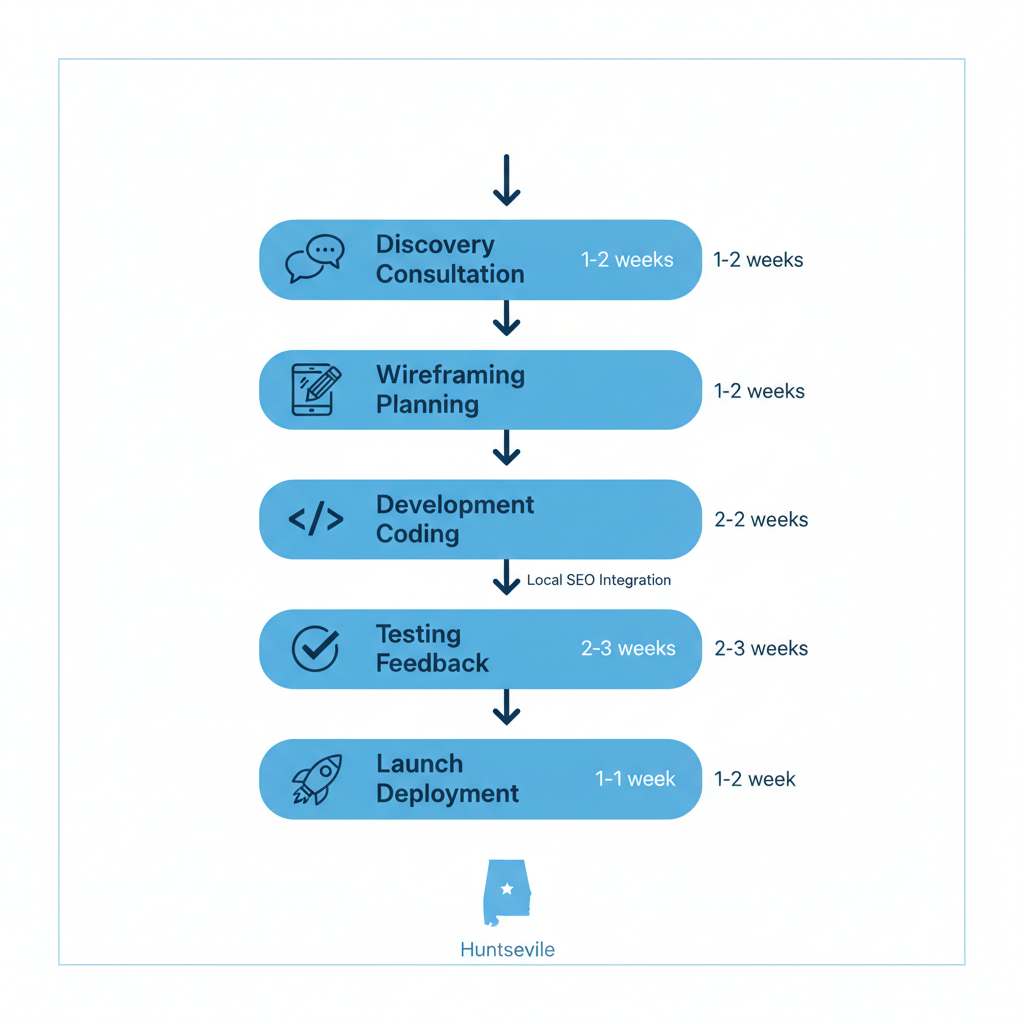 Vertical process flow illustrating five stages of web design project initiation in Huntsville, Alabama, from discovery to launch with icons and minimal timelines.