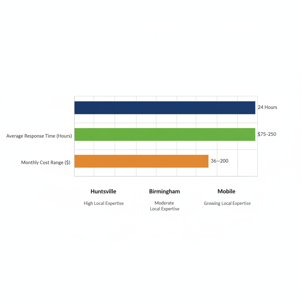 Horizontal bar chart comparing website maintenance metrics across Huntsville, Birmingham, and Mobile in Alabama