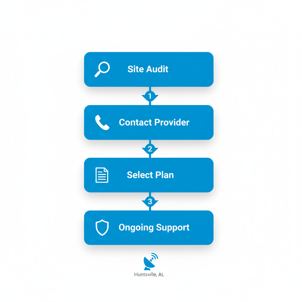 Vertical process flow diagram illustrating four stages to start website maintenance in Huntsville: site audit, contact provider, select plan, and ongoing support with icons and arrows.