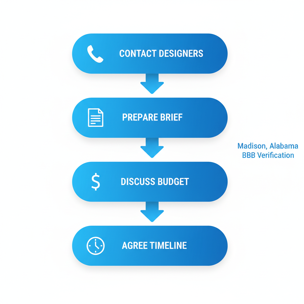 Vertical process flow diagram showing four steps to start a web design project in Madison, Alabama: contact designers, prepare project brief, discuss budget and rates, agree on timeline.