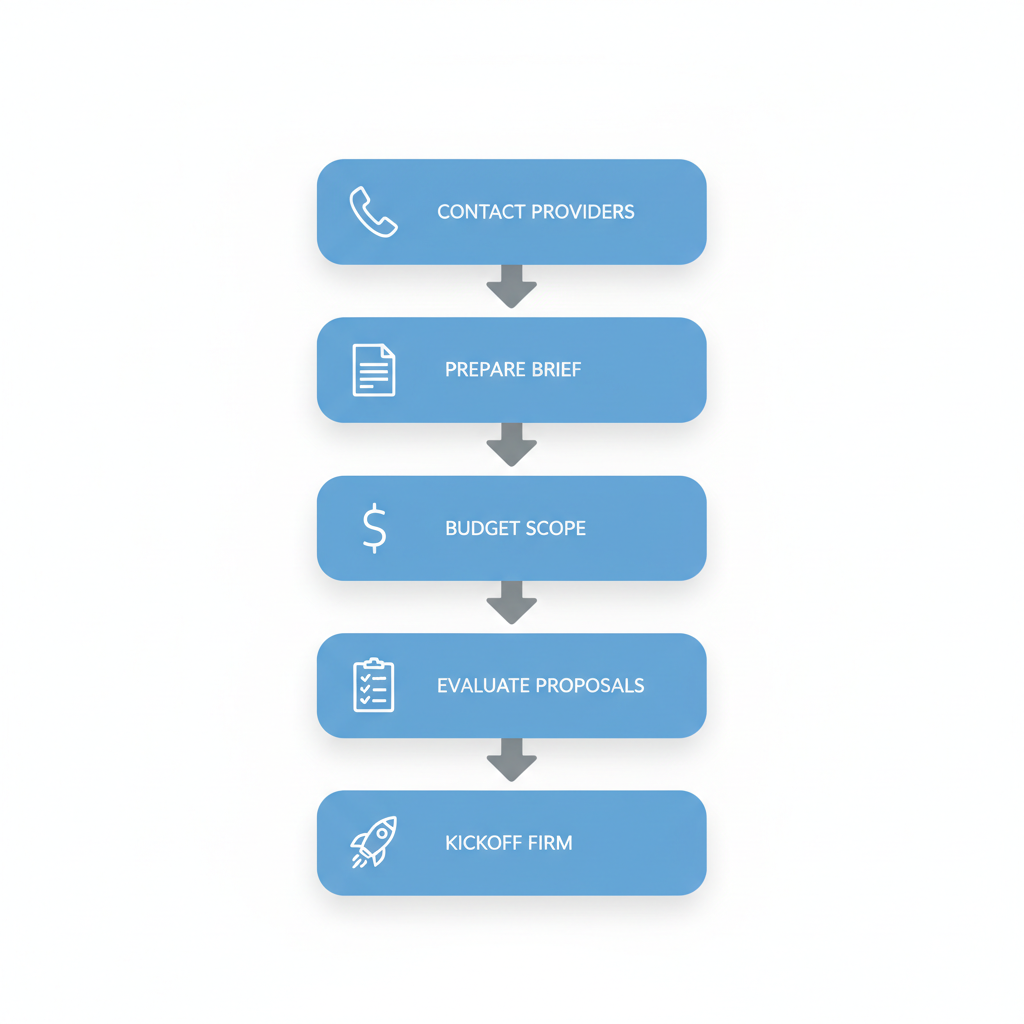 Vertical process flow illustrating five key steps to launch a web design project in Decatur, Alabama, with icons and minimal labels.