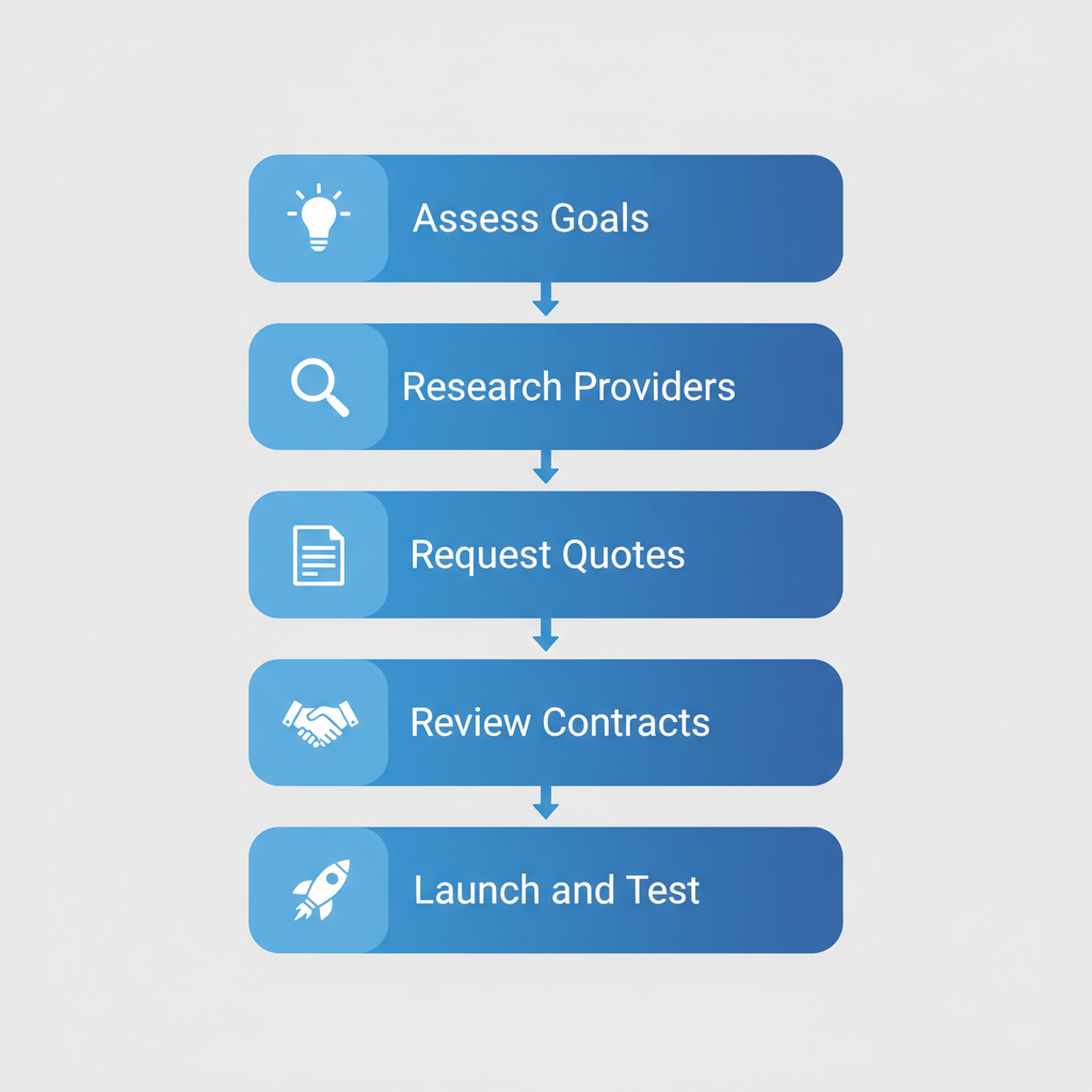 Vertical diagram illustrating five steps to launch a website in Florence, Alabama: assess goals, research providers, request quotes, review contracts, launch and test with icons.