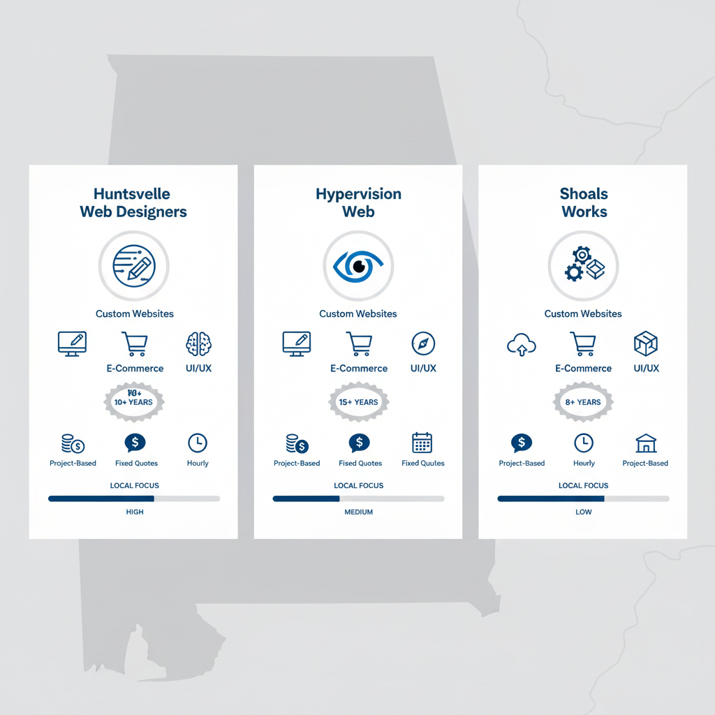 Infographic comparing Huntsville Web Designers, Hypervision Web, and Shoals Works with specialties, experience, pricing, and local focus indicators.
