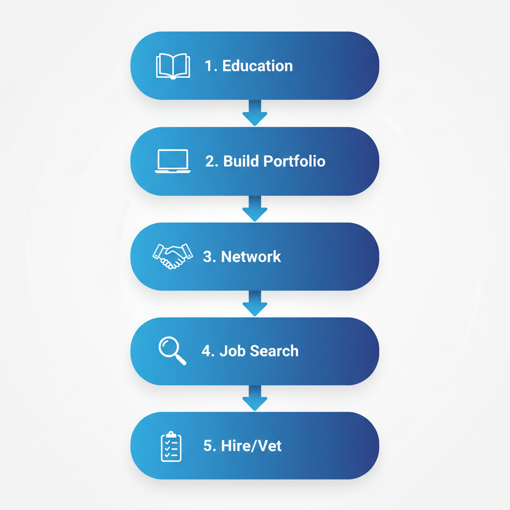 Vertical process flow diagram of five steps to begin a career in Alabama web development, focused on Huntsville