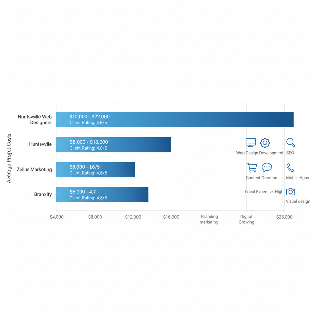 Horizontal bar chart comparing project costs and client ratings for top Alabama web agencies including Huntsville Web Designers, Zellus Marketing, and Branxify with service icons and expertise indicators
